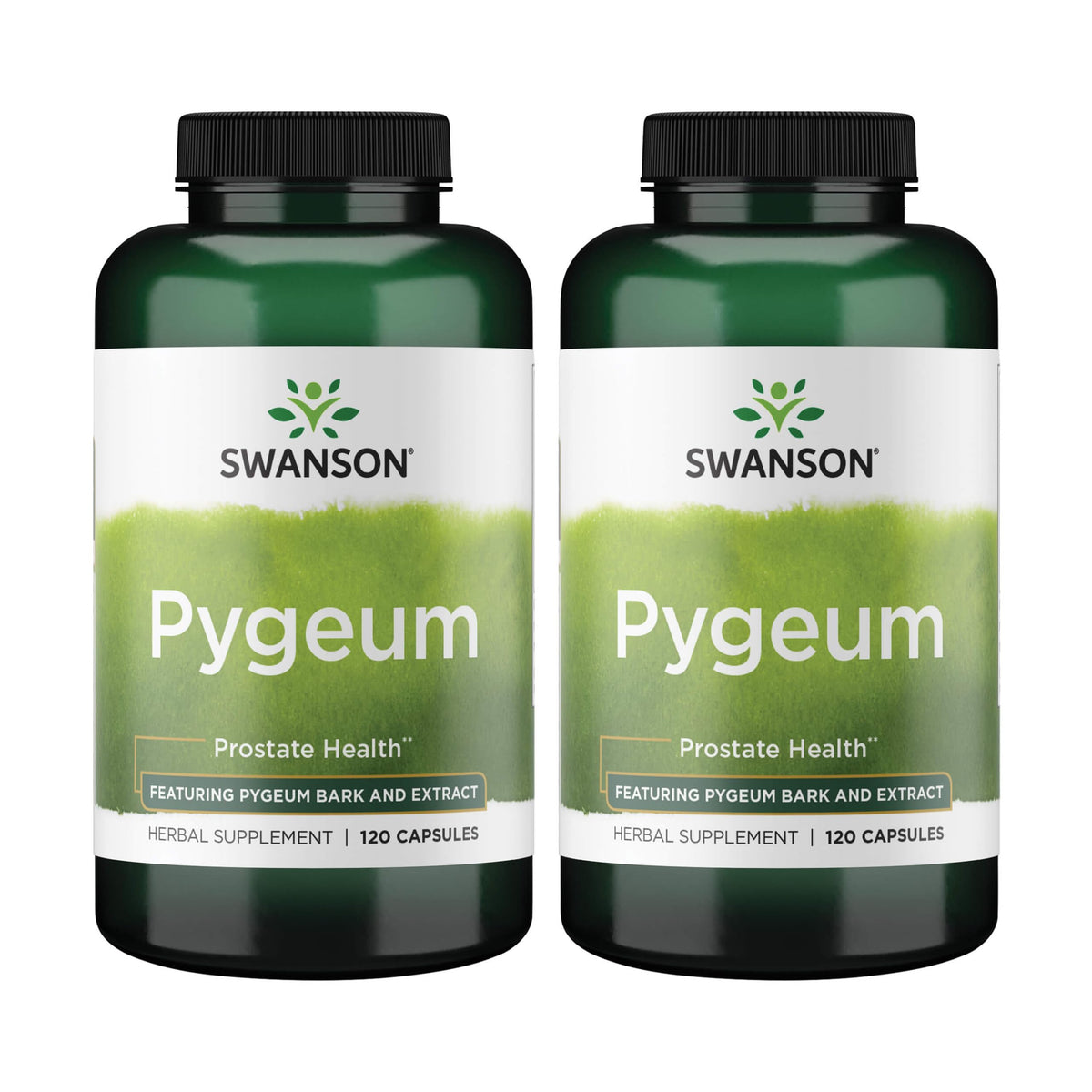 Swanson Pygeum bottle front showing capsule count and urinary health benefits.
