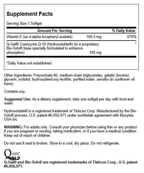 Swanson Q-Gel Mega 100 capsules close-up showing rapid absorption.