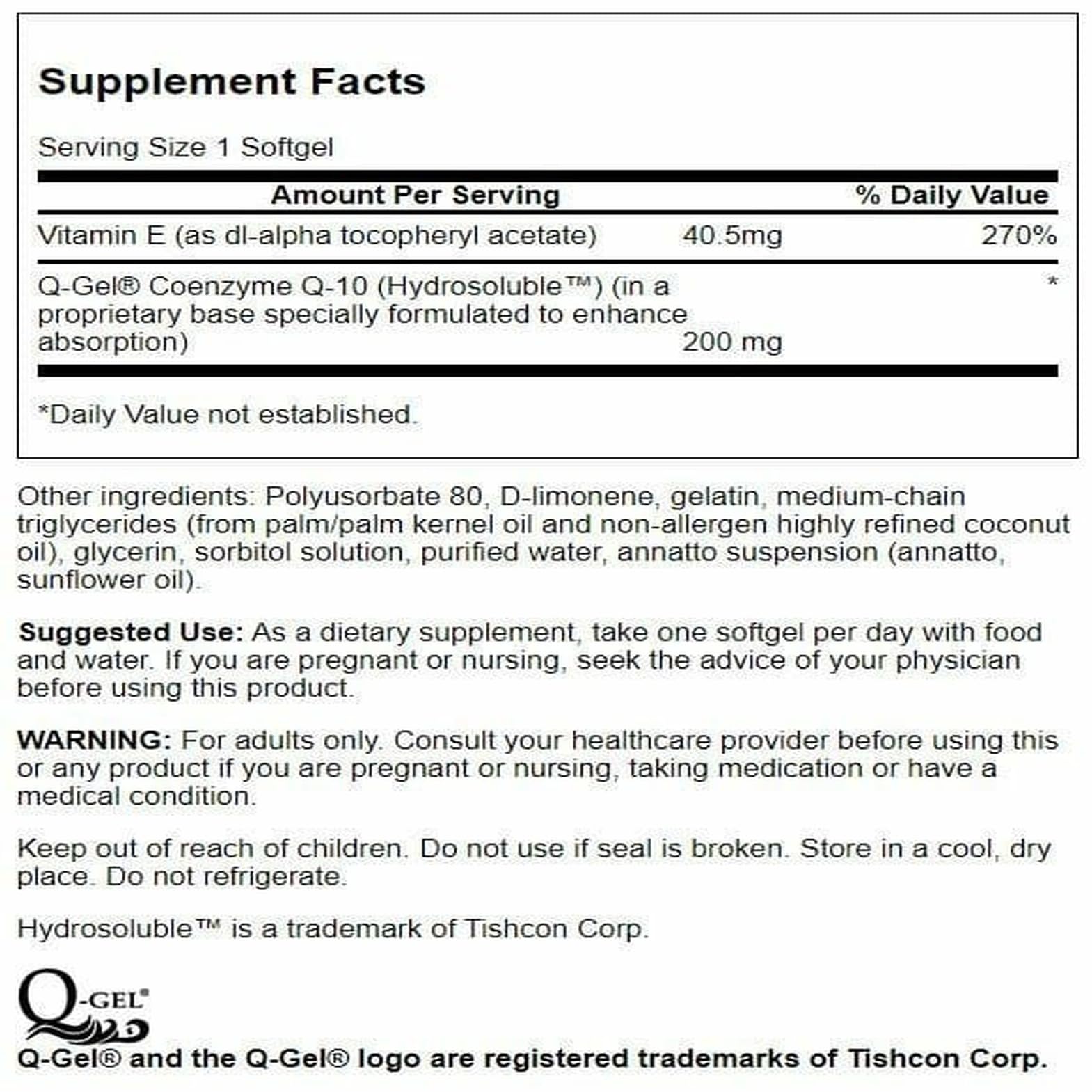 Swanson Q-Gel Mega 200 bottle back with dosage and quality notes
