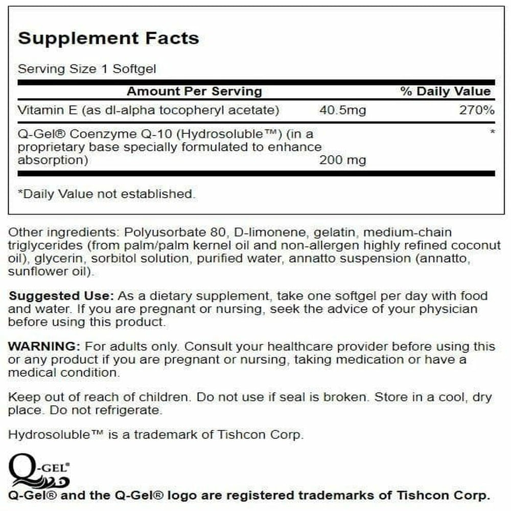 Swanson Q-Gel Mega 200 bottle back with dosage and quality notes