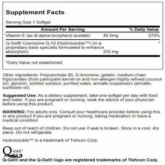 Swanson Q-Gel Mega 200 bottle back with dosage and quality notes