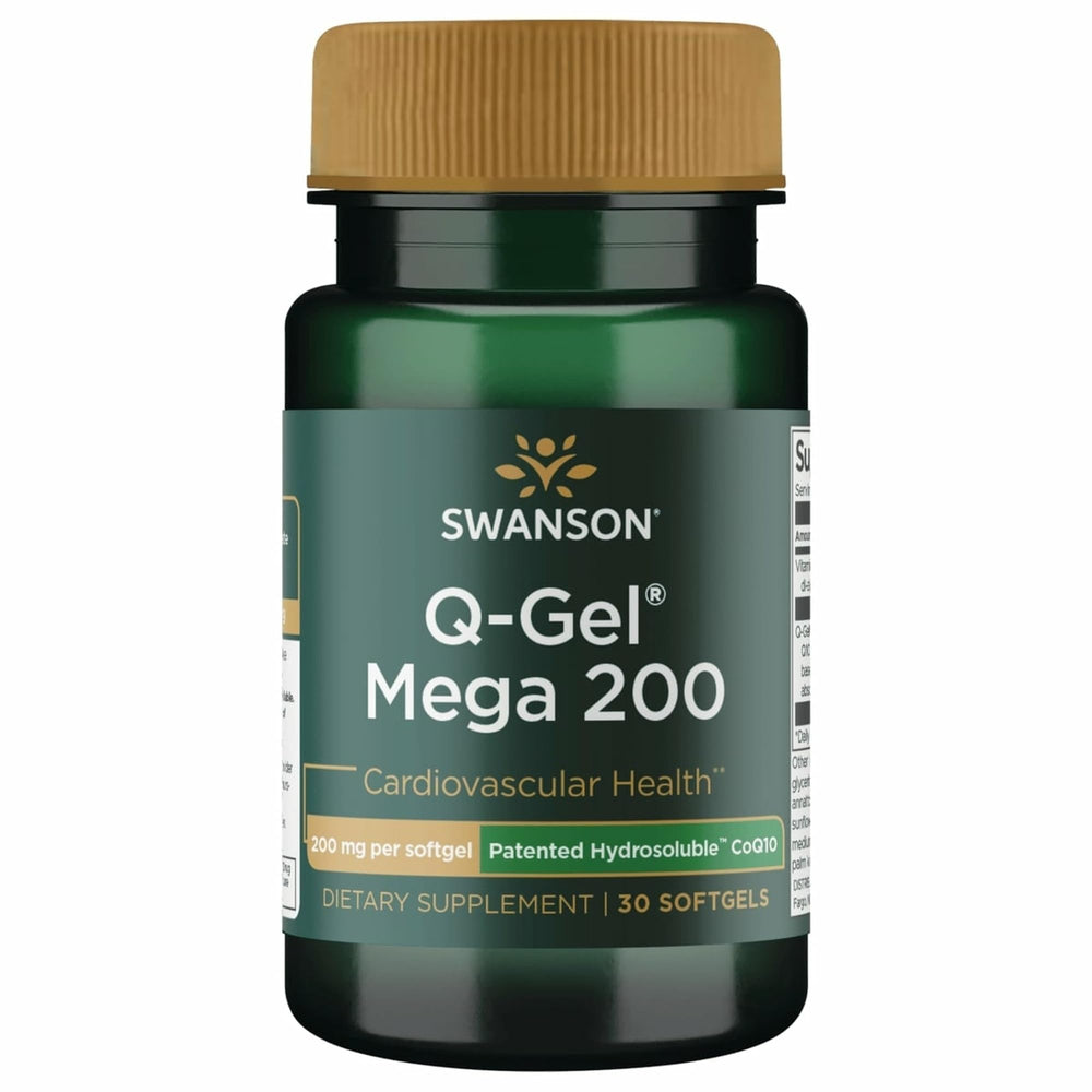 Swanson Q-Gel Mega 200 bottle front showing the high-absorption CoQ1 formulation for daily wellness
