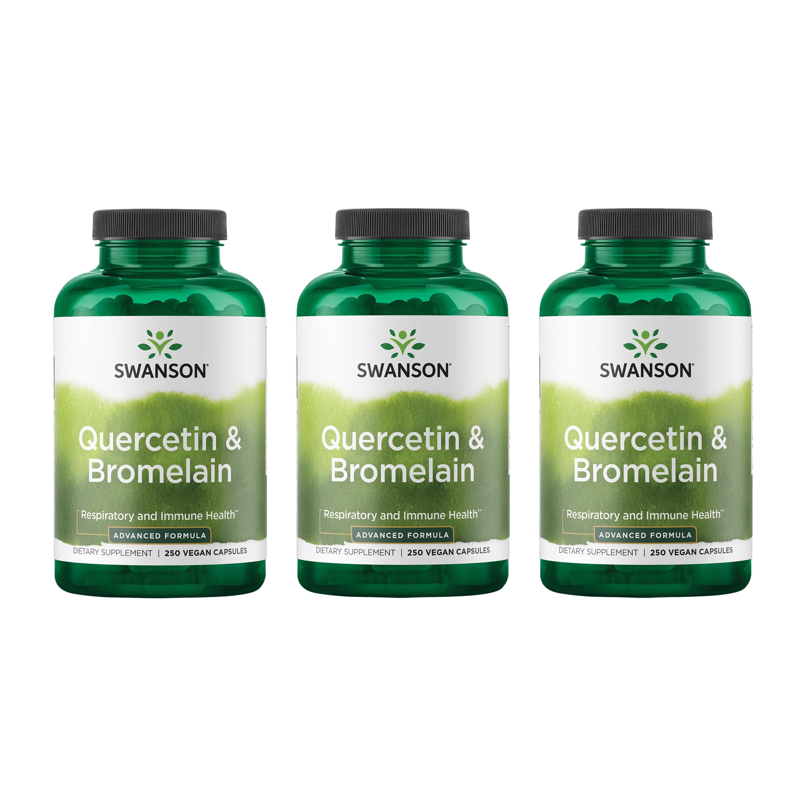 Swanson Quercetin & Bromelain bottle close-up showing convenient daily capsules for wellness