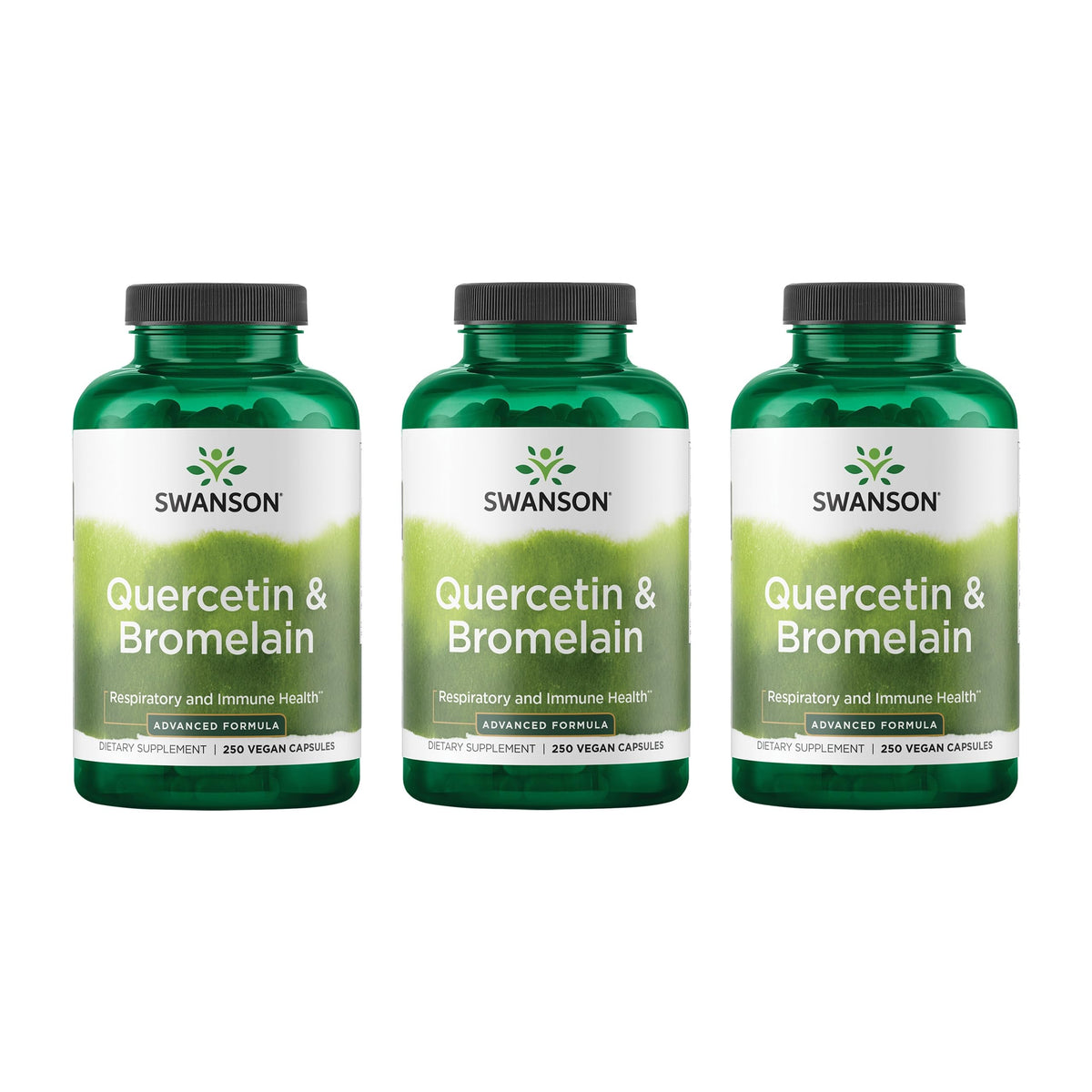 Swanson Quercetin & Bromelain bottle close-up showing convenient daily capsules for wellness