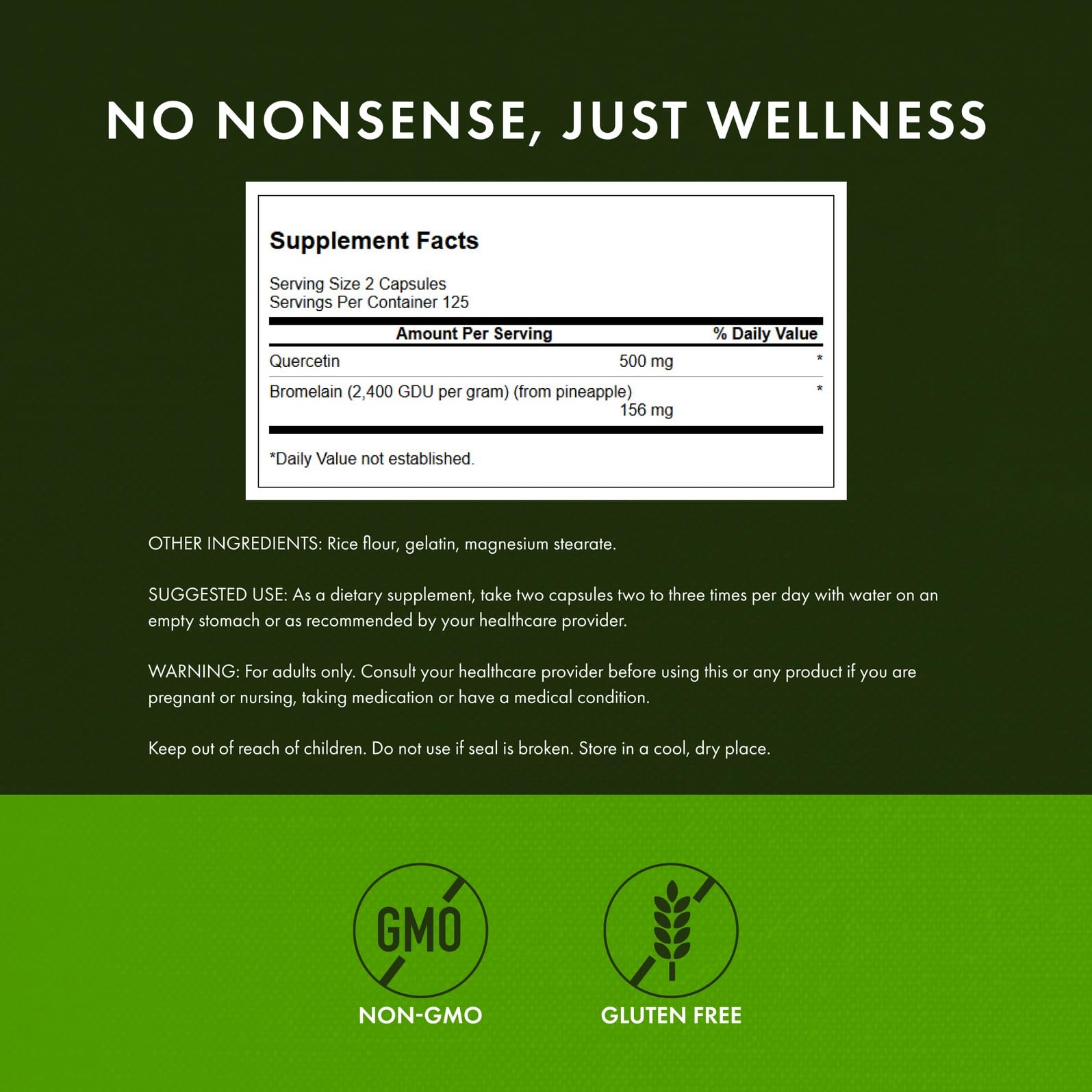 Swanson Quercetin & Bromelain ingredient label highlighting natural blend