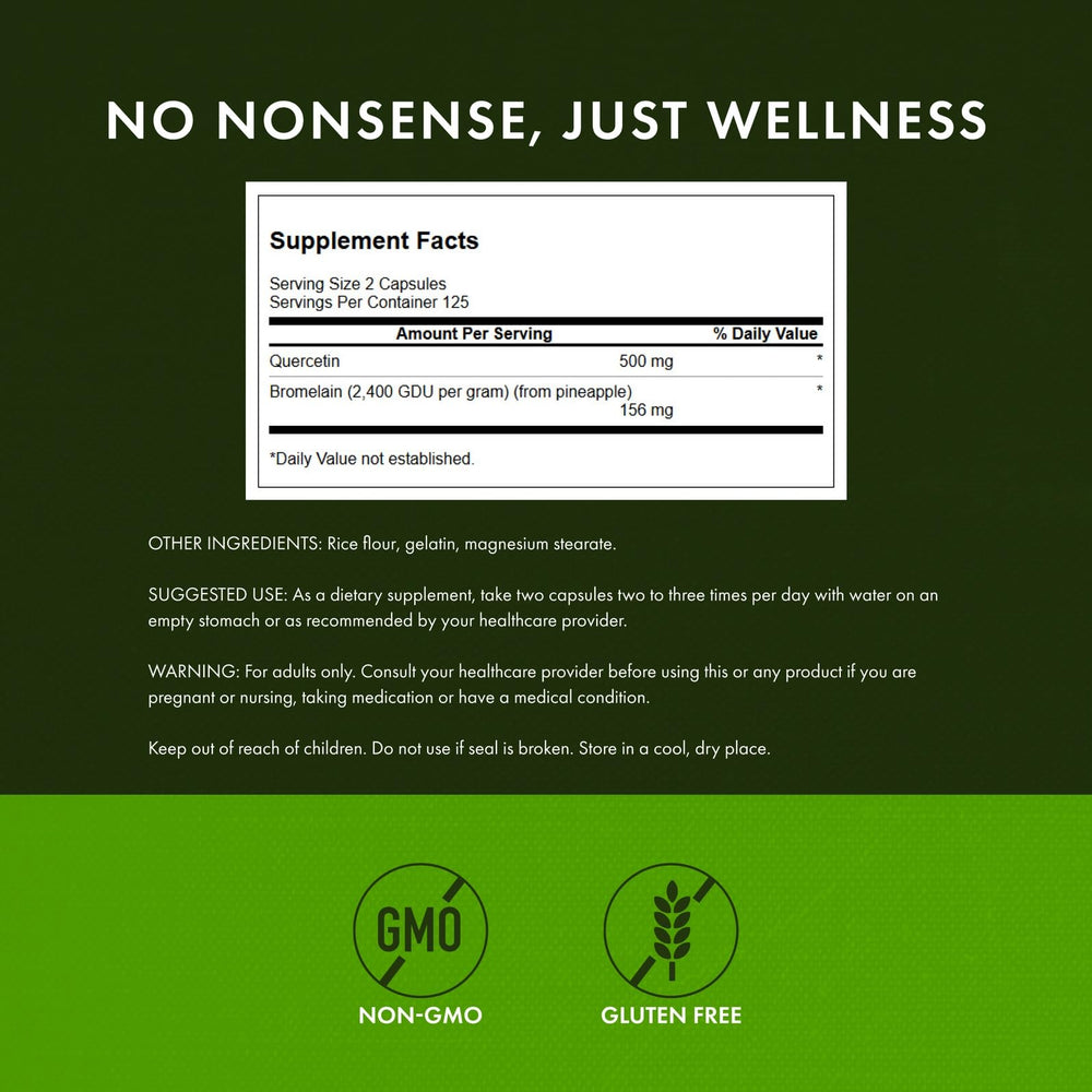 Swanson Quercetin & Bromelain ingredient label highlighting natural blend