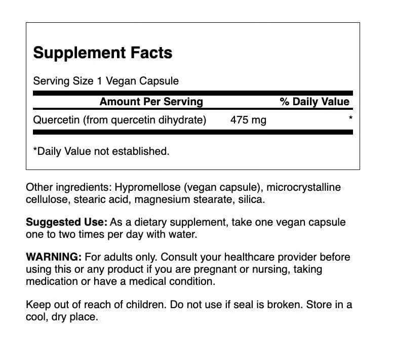 Swanson Quercetin capsules close-up, vegan capsules for daily use.
