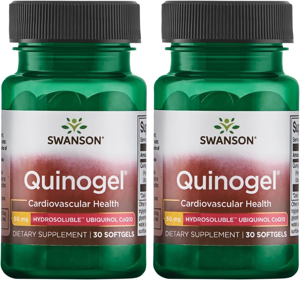 Swanson Quinogel ubiquinol bottle with 50 mg softgels, for daily cardiovascular and energy support.