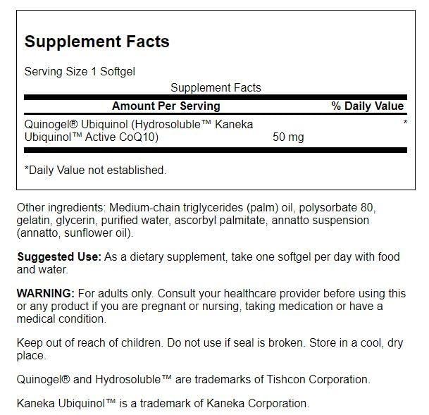 Close-up of Swanson Quinogel capsules, 50 mg ubiquinol softgels, easy daily energy support.