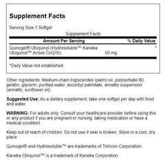 Close-up of Swanson Quinogel capsules, 50 mg ubiquinol softgels, easy daily energy support.