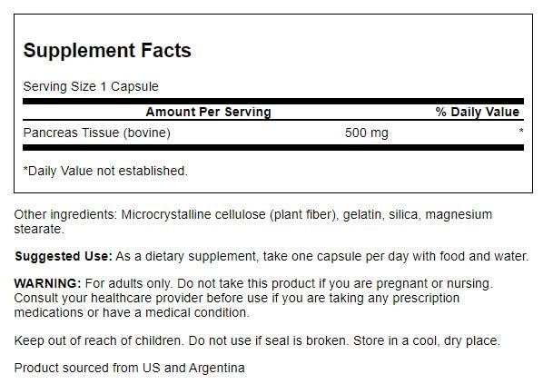 Swanson Raw Pancreas Glandular capsules close-up highlighting convenient dosage