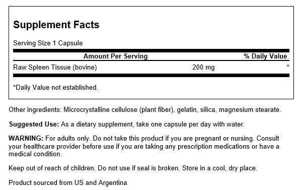 Swanson Raw Spleen capsules close-up, convenient daily wellness support.