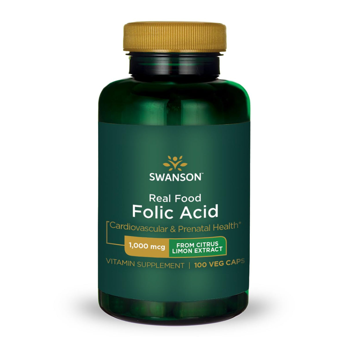 Swanson Real Food Folic Acid bottle showing vegan, non-GMO, gluten-free prenatal support.