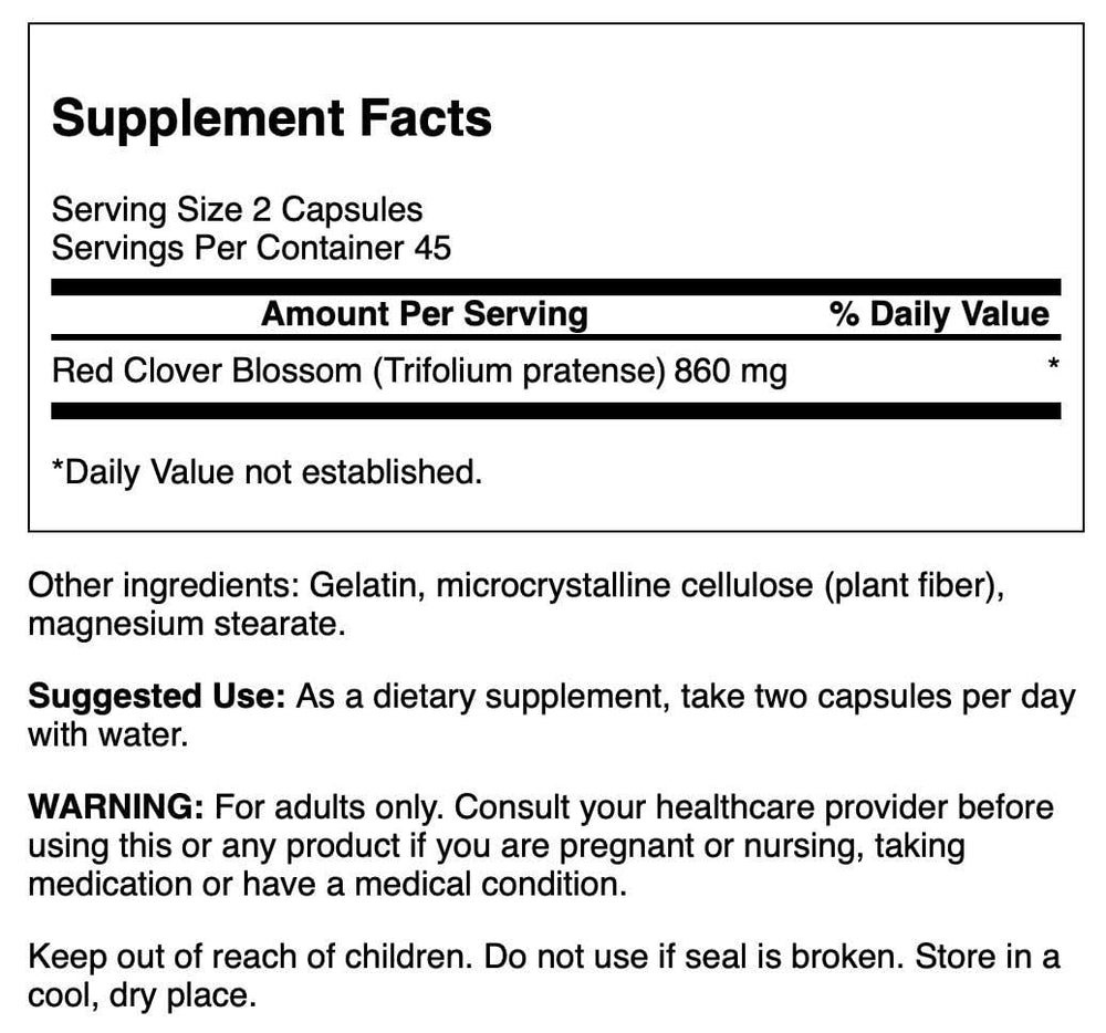 Swanson Red Clover Blossom capsules for easy daily use and balance.