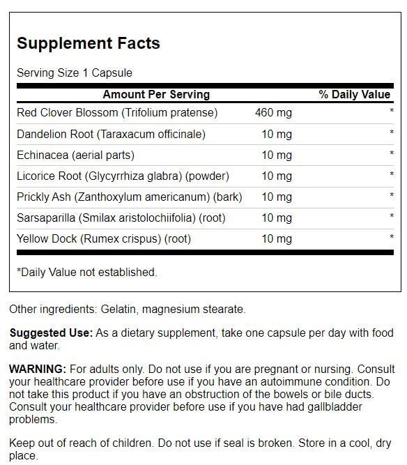 Swanson Red Clover capsules highlighting a full-spectrum plant blend for detox.