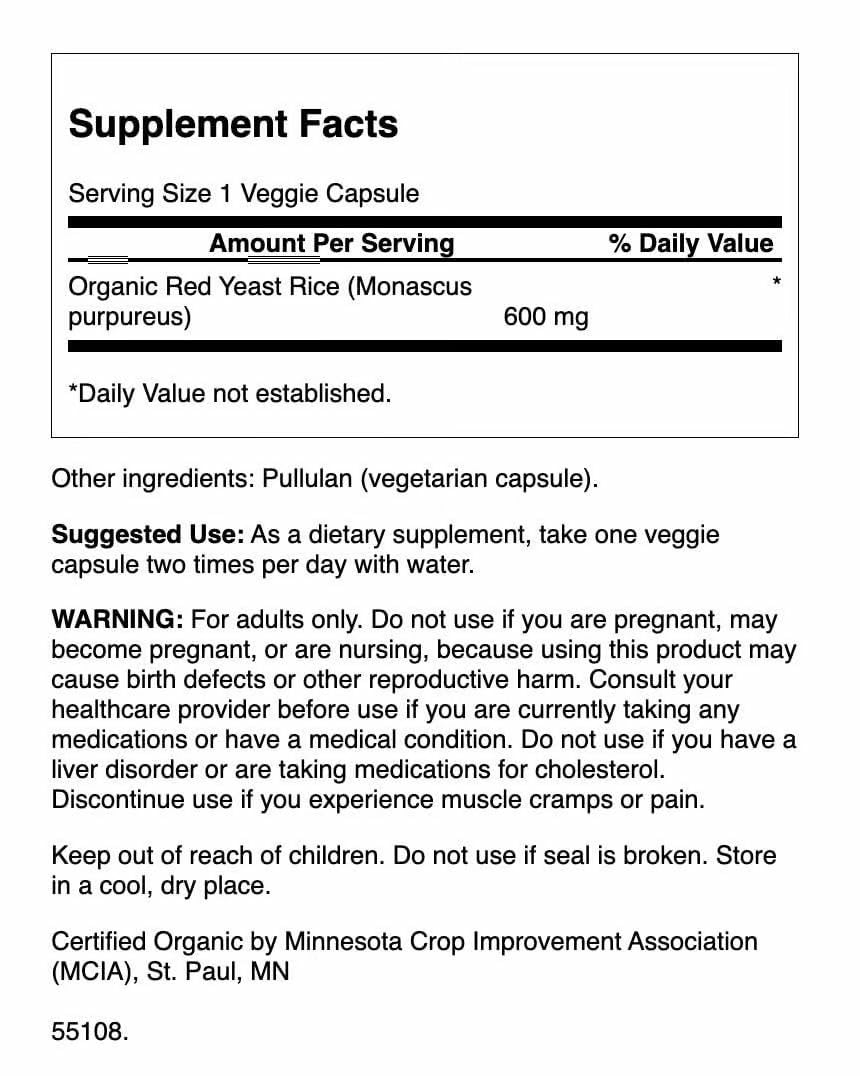 Swanson Red Yeast Rice bottle shows vegan and non-GMO attributes for mindful wellness