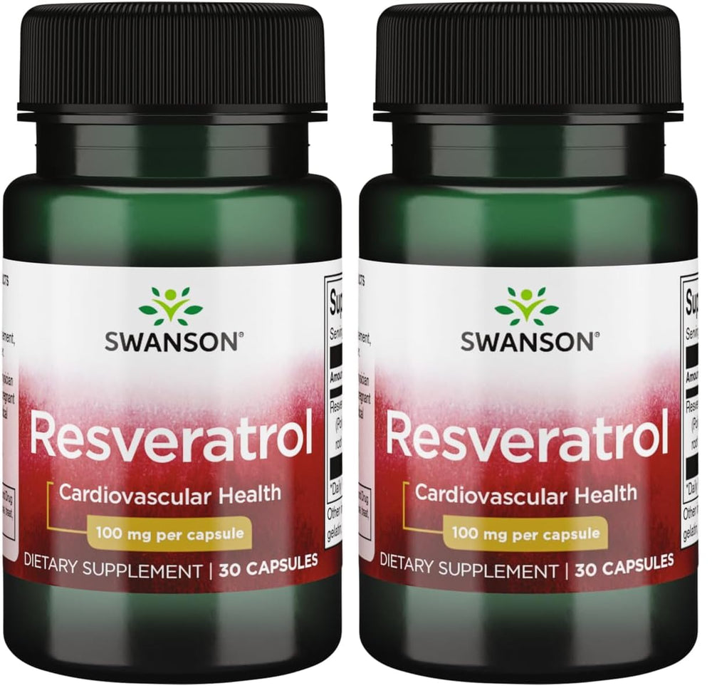Swanson Resveratrol 100 mg bottle front view highlighting antioxidant support.