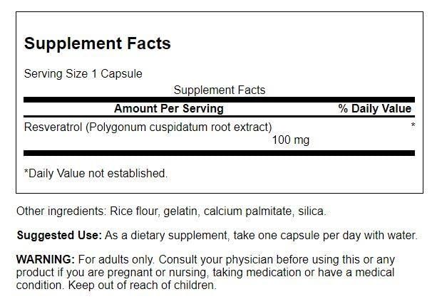 Swanson Resveratrol 100 mg bottle back label showing dosage and benefits.