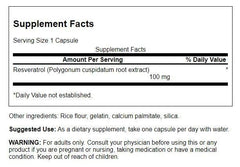 Swanson Resveratrol 100 mg bottle back label showing dosage and benefits.