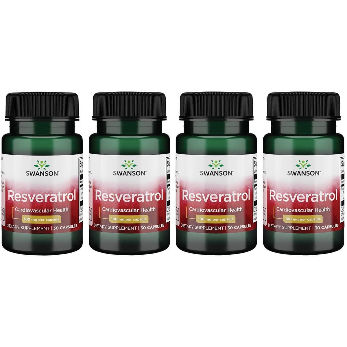 Swanson Resveratrol 100 4-pack bottle front highlighting antioxidant support and heart wellness