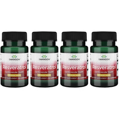 Swanson Resveratrol 100 4-pack bottle front highlighting antioxidant support and heart wellness