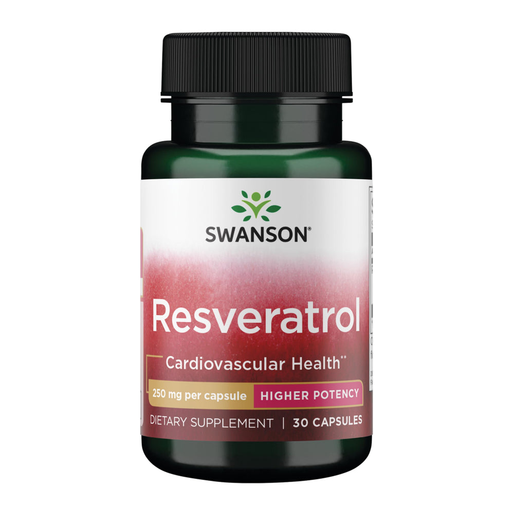 Swanson Resveratrol bottle front shows 250 mg capsules for daily antioxidant support.