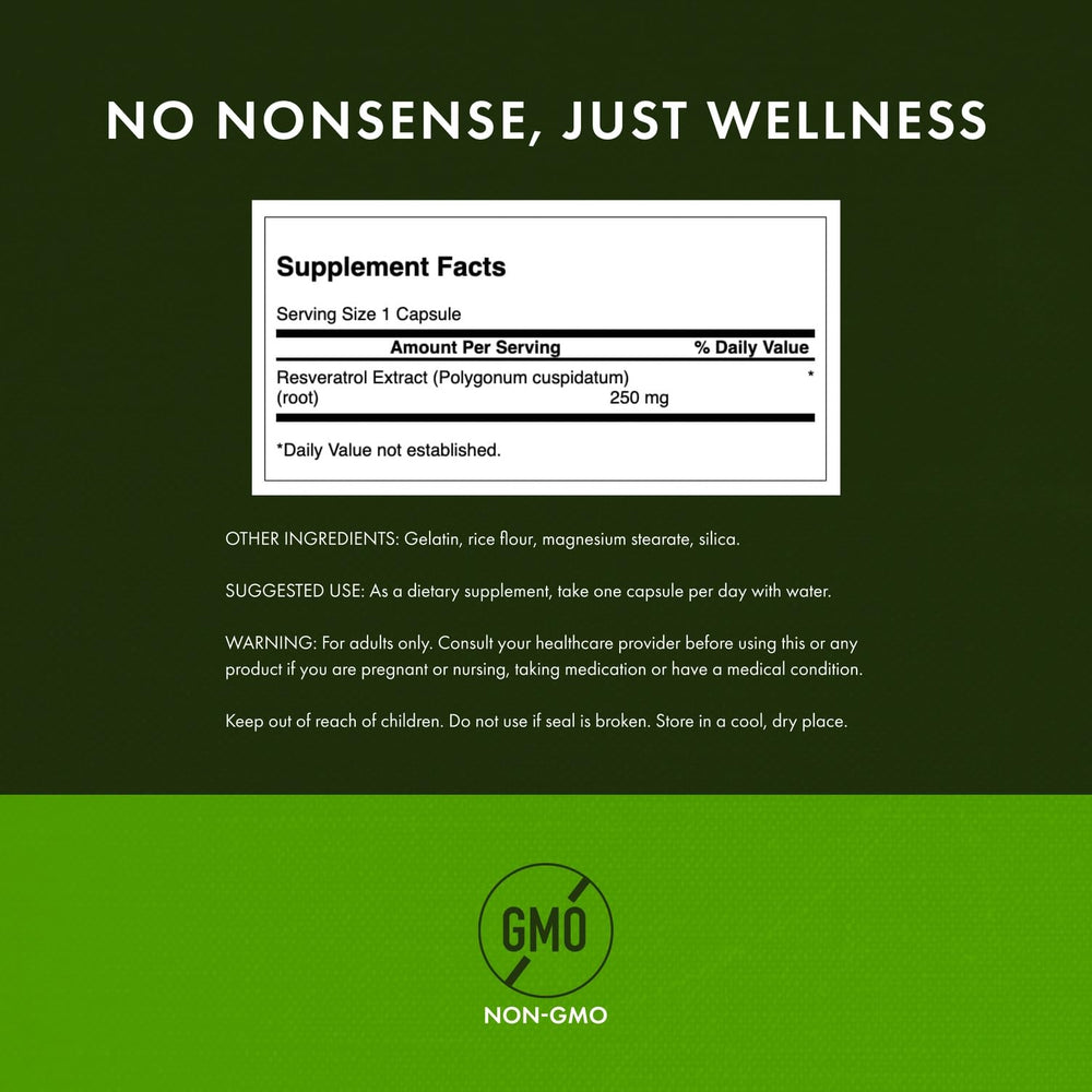 Close-up of Swanson Resveratrol capsules, easy-to-swallow design.