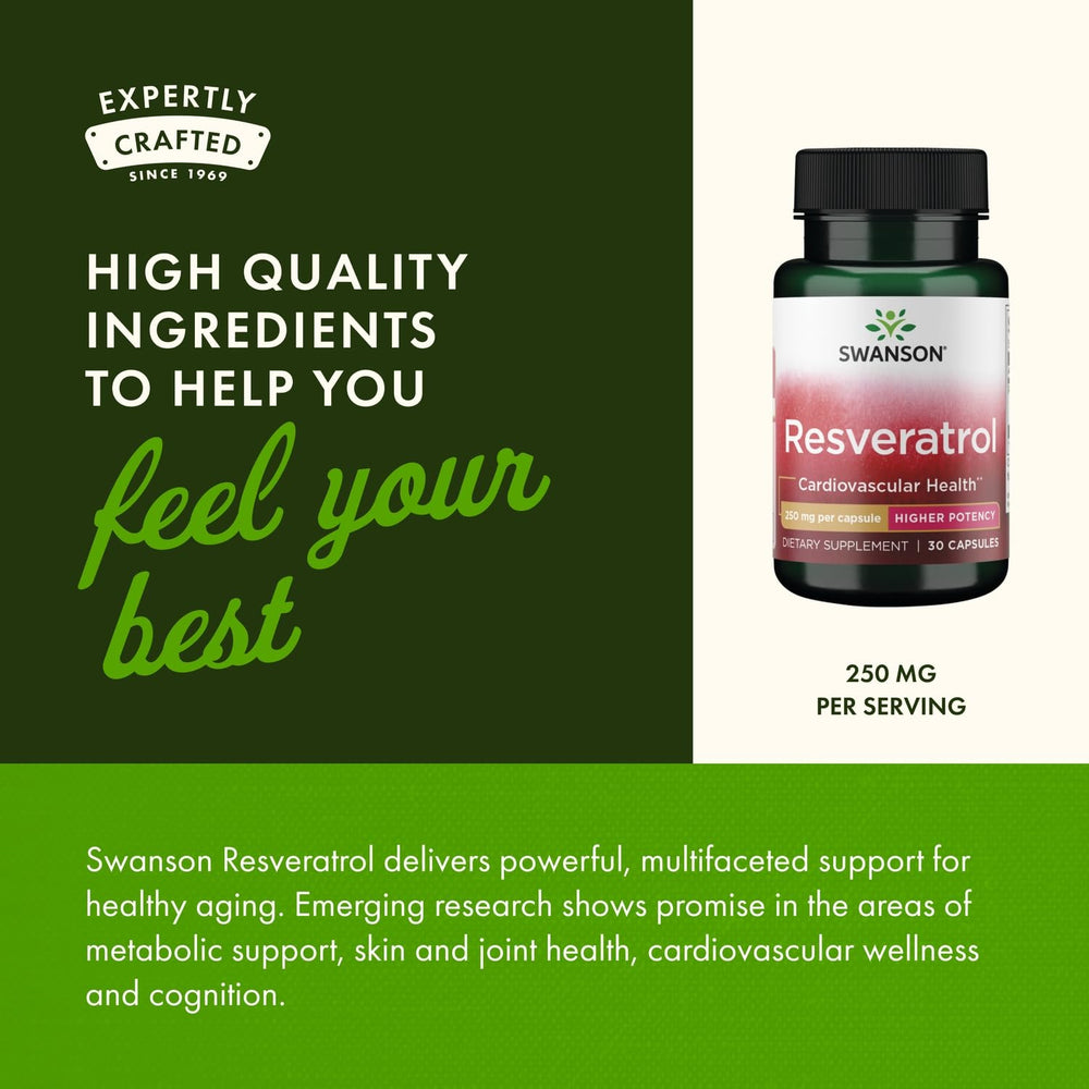 Swanson Resveratrol bottle label and cap illustrating easy daily use.