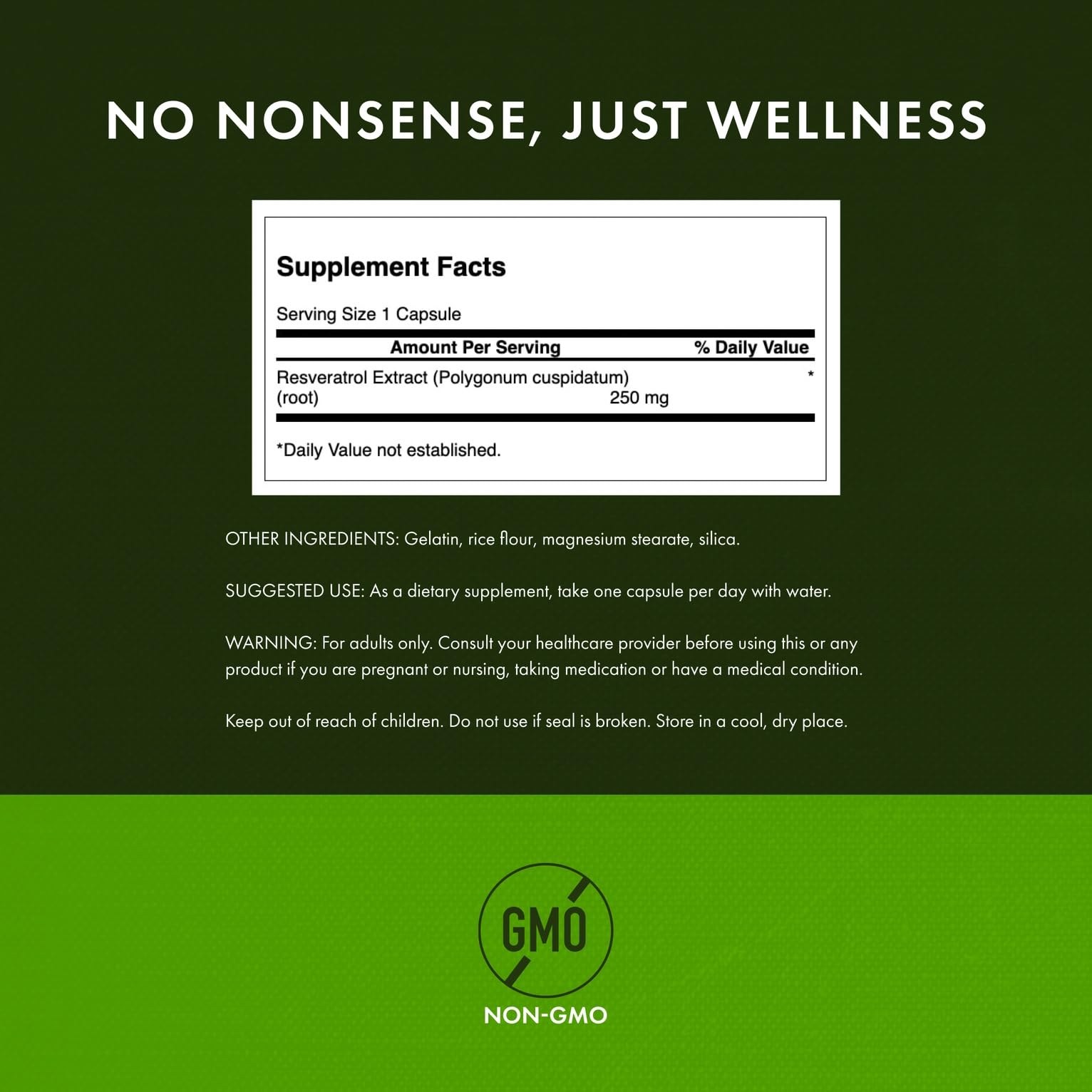 Swanson Resveratrol capsules closeup showing 250 mg per cap for potency.