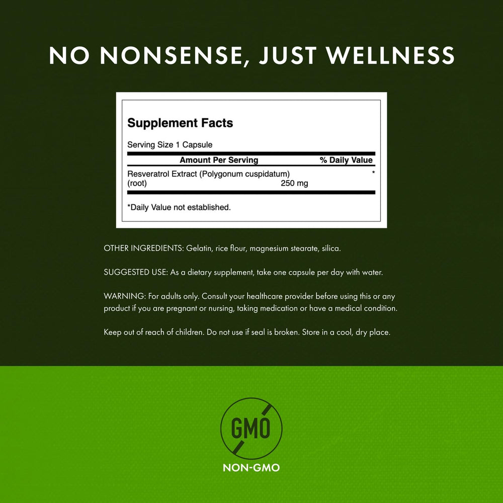Swanson Resveratrol capsules closeup showing 250 mg per cap for potency.