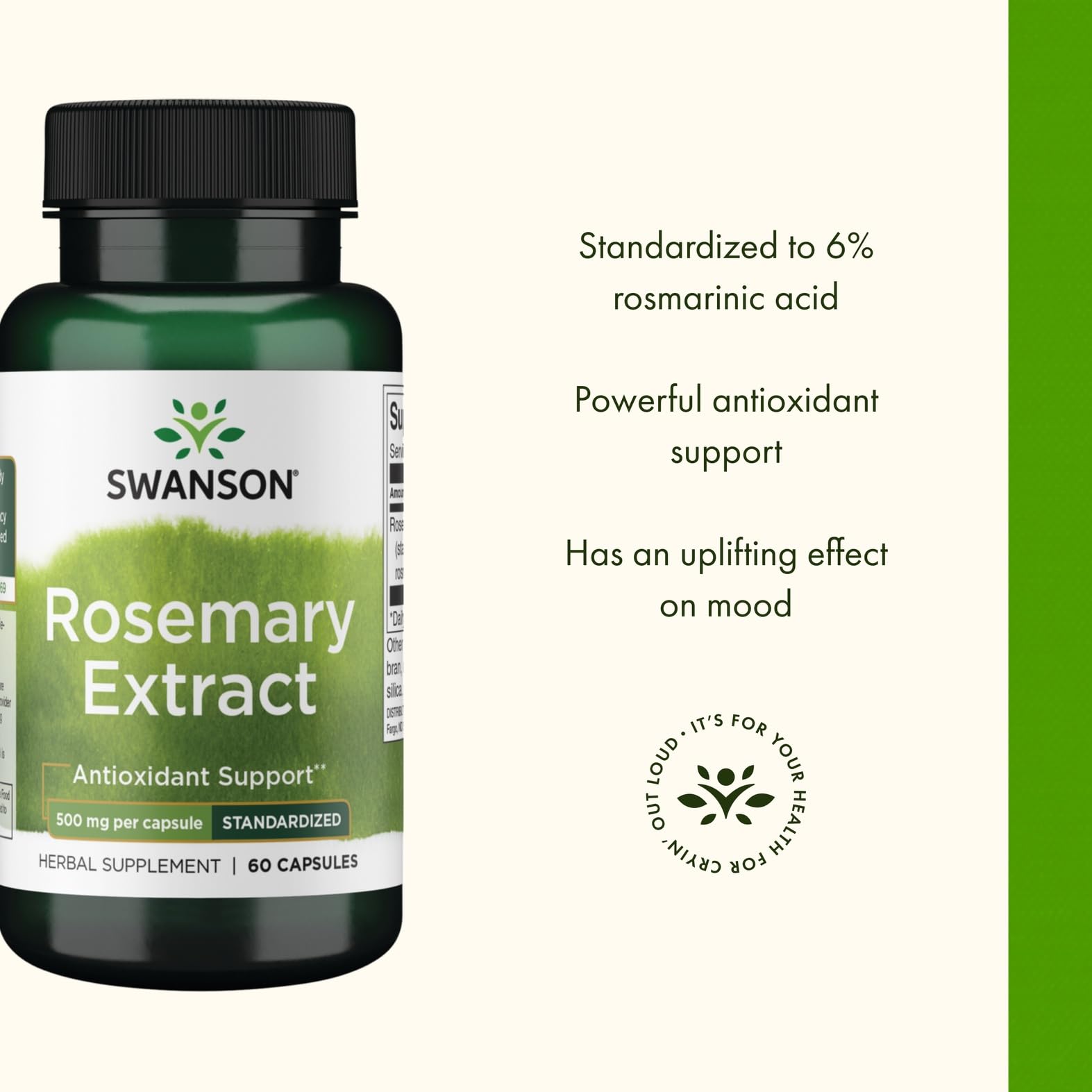 Quality-focused Swanson rosemary extract with third-party testing seal.