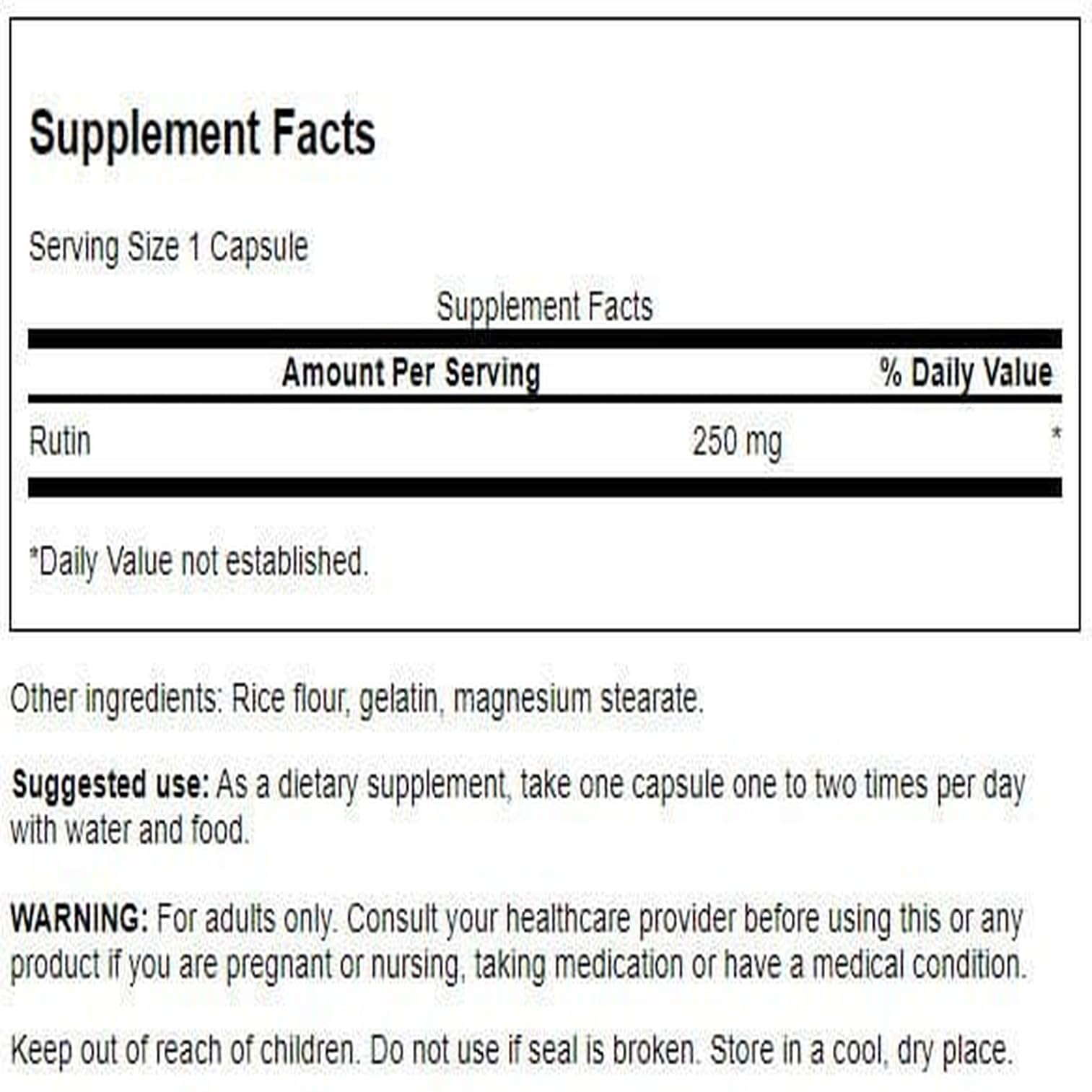 Swanson Rutin bottle label closeup highlighting potency and form