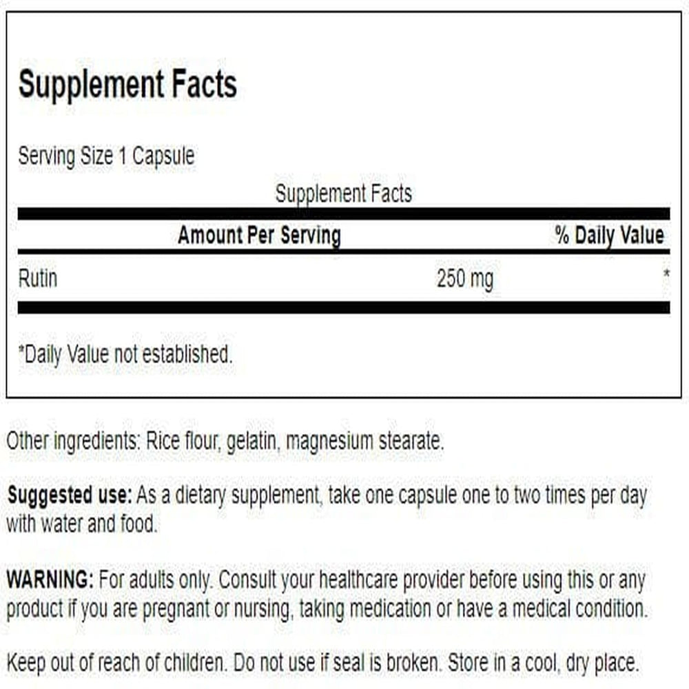 Swanson Rutin bottle label closeup highlighting potency and form
