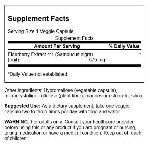 Swanson Sambucus elderberry extract label shows 4:1 concentrate and vegan formula