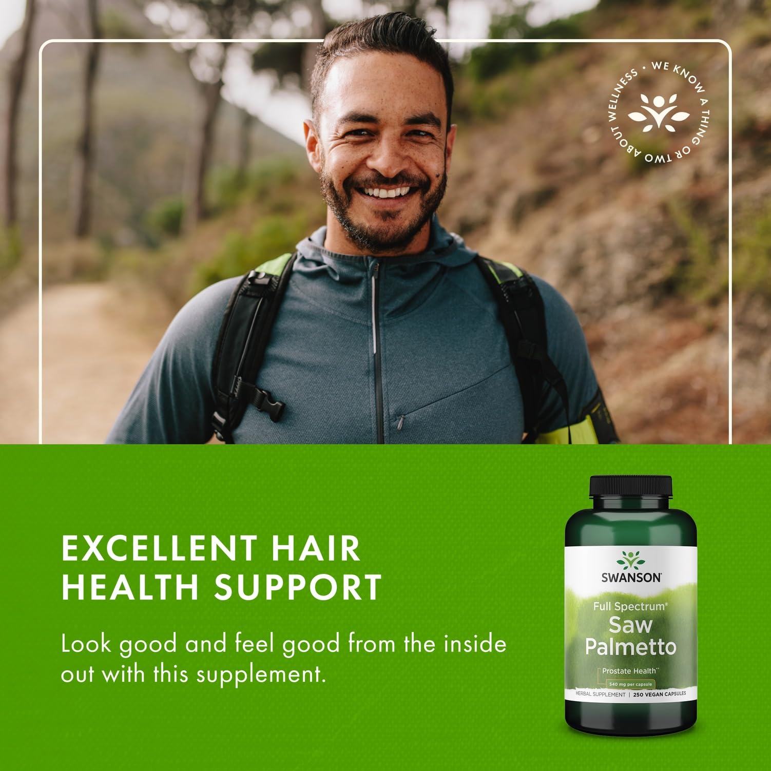 Swanson Saw Palmetto capsules positioned to suggest hair health support
