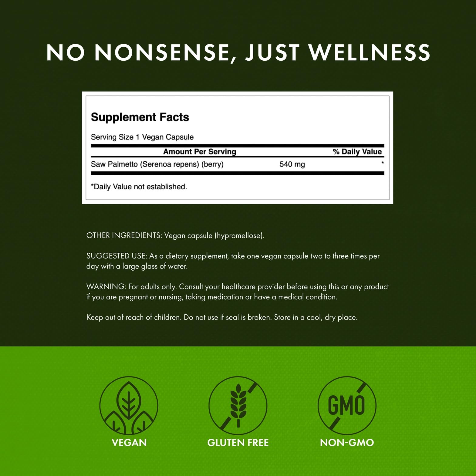 Swanson Saw Palmetto label detail showing 540 mg strength and 250 capsules