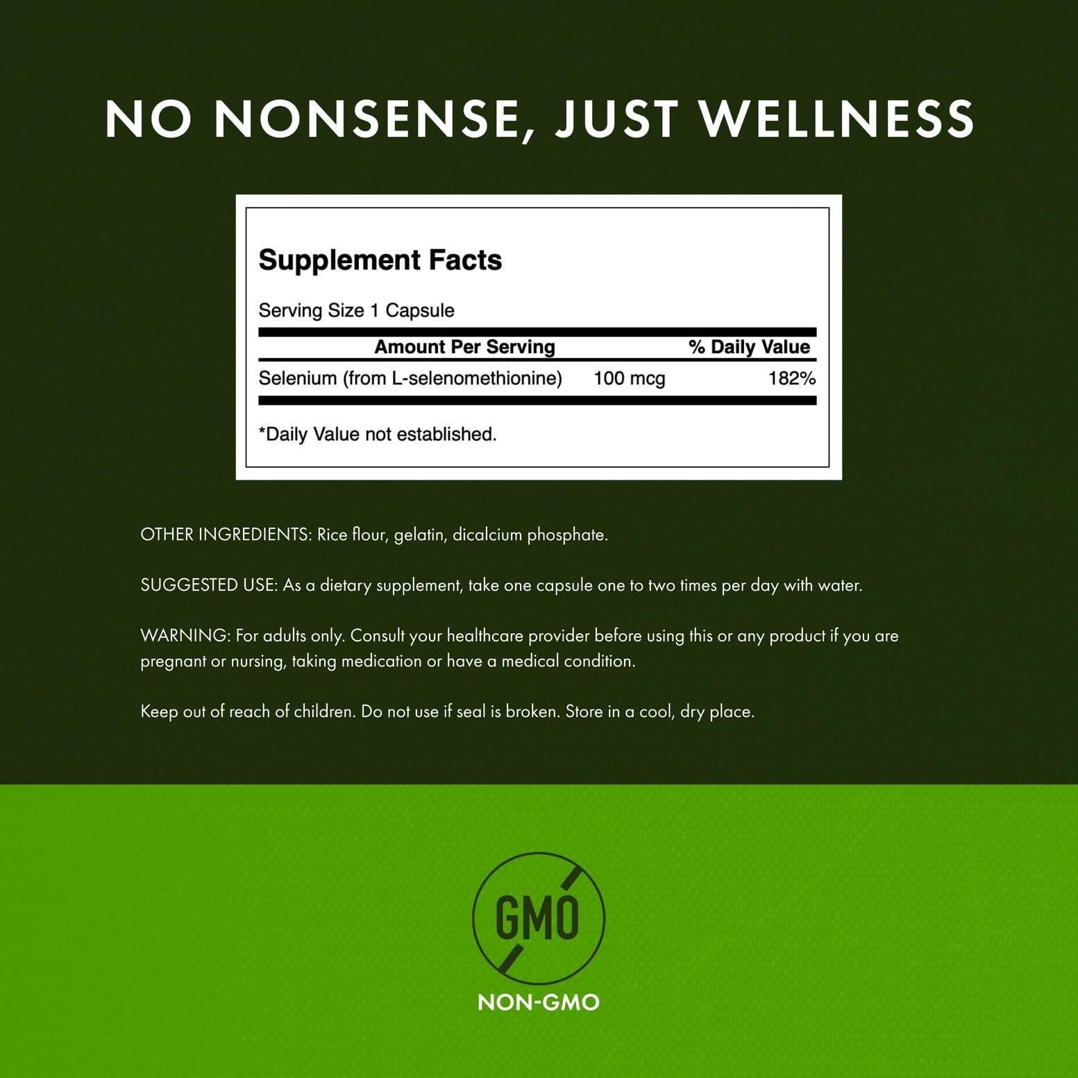 Swanson Selenium full-spectrum formula label showcases plant-based ingredients.