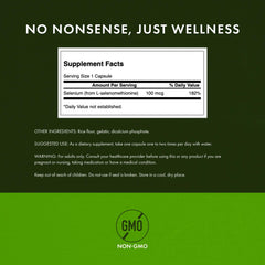 Swanson Selenium full-spectrum formula label showcases plant-based ingredients.