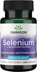 Swanson Selenium bottle front showing L-selenomethionine formula and 200 capsules for daily use