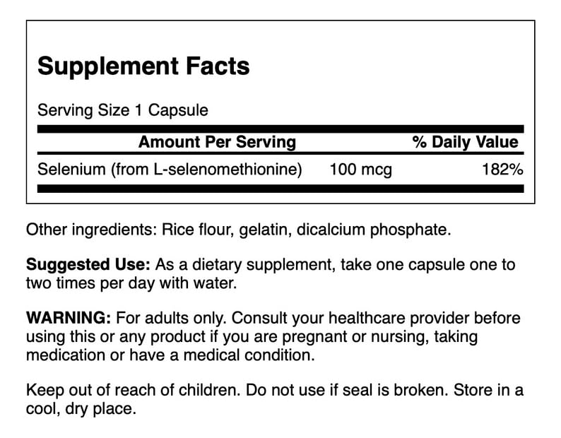 Swanson Selenium label detail confirms 100 mcg per capsule and source