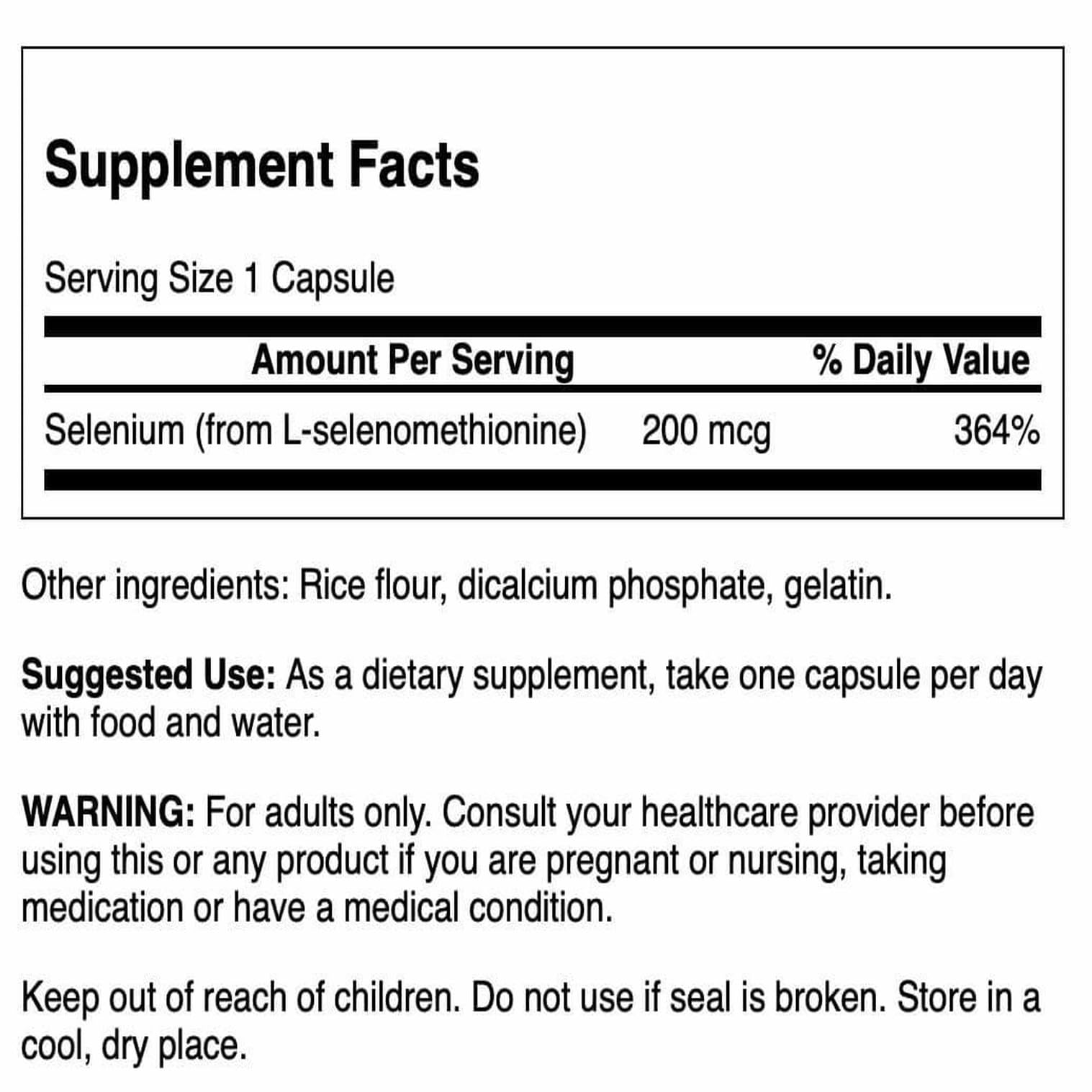 Swanson Semsc Selenium label close-up shows 200 mcg per capsule