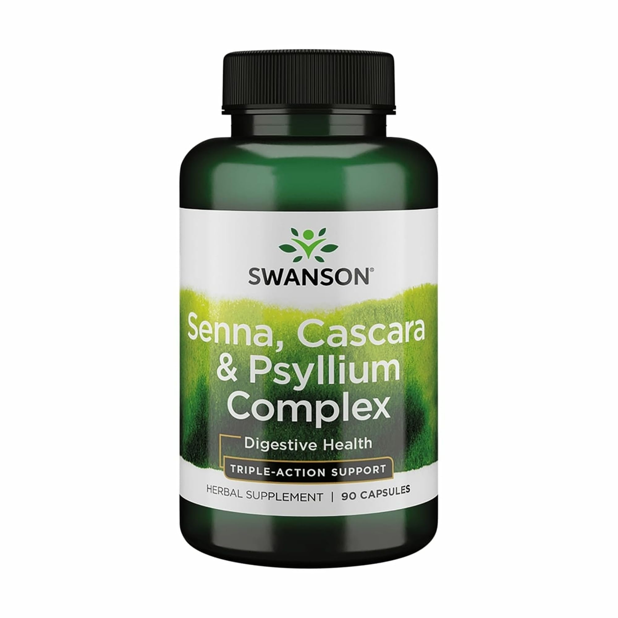 Swanson Senna Psyllium Cascara Complex bottle shows capsule size for GI support