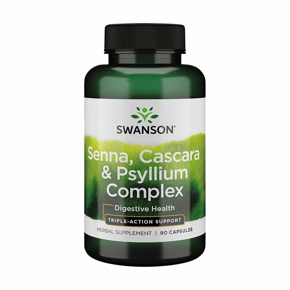 Swanson Senna Psyllium Cascara Complex bottle shows capsule size for GI support