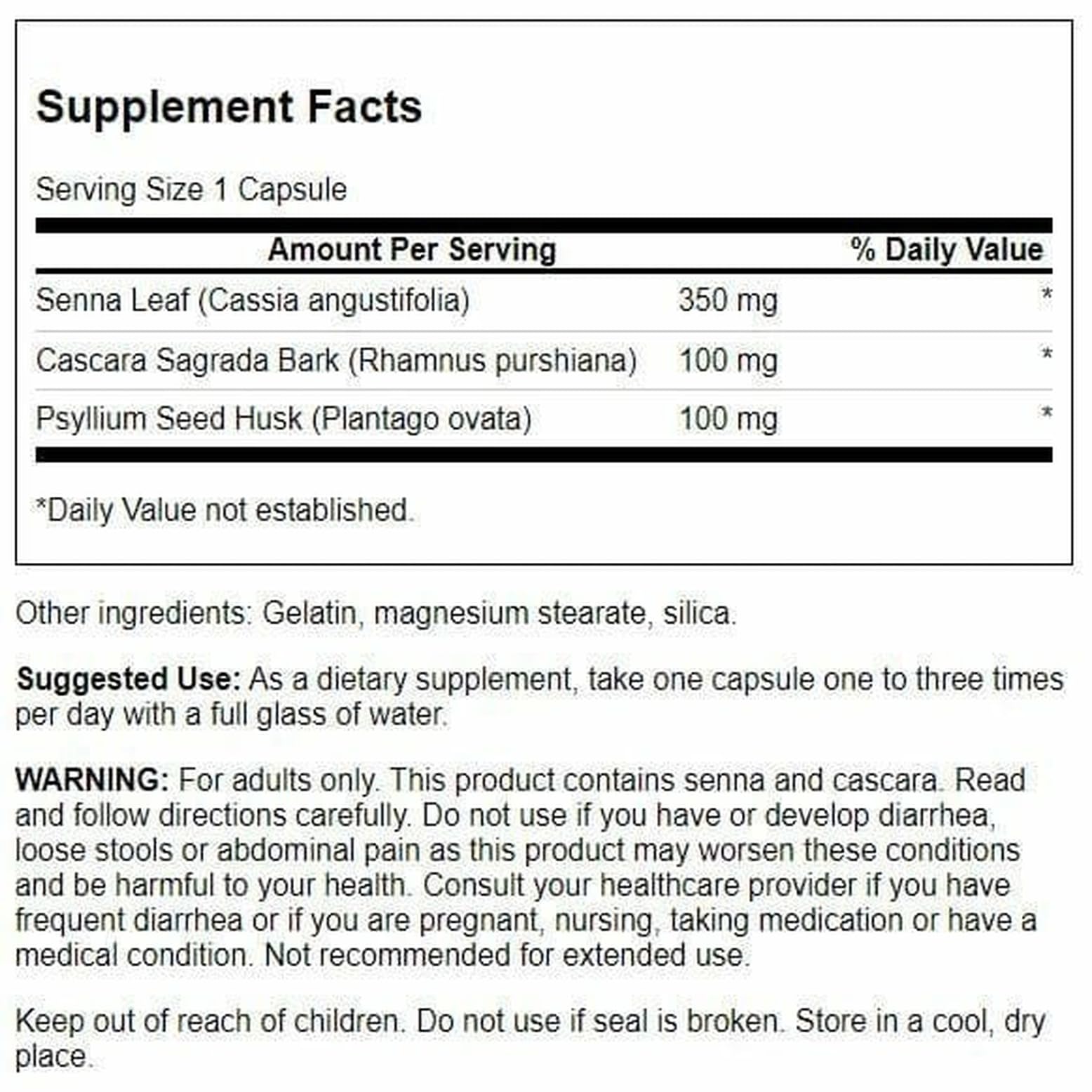 Swanson Senna Psyllium Cascara Complex capsules aid regularity when directed
