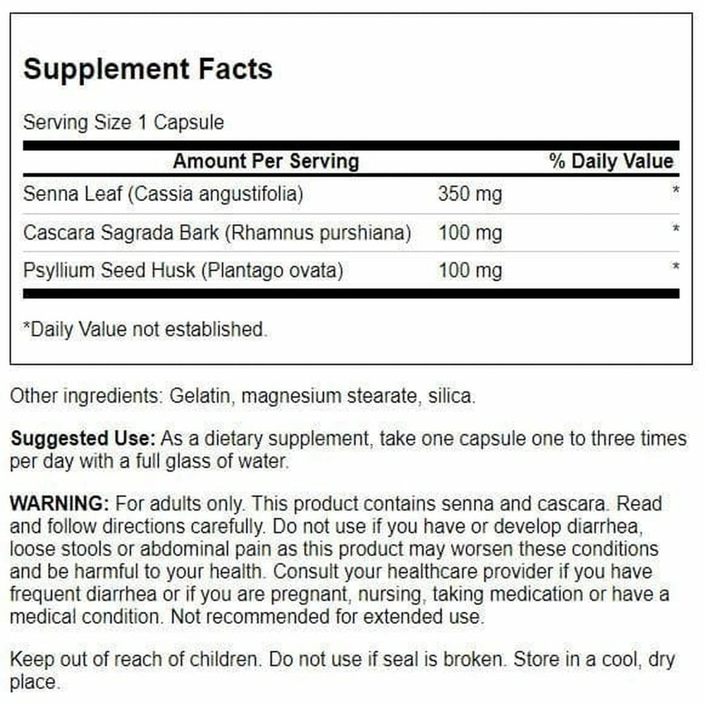 Swanson Senna Psyllium Cascara Complex capsules aid regularity when directed