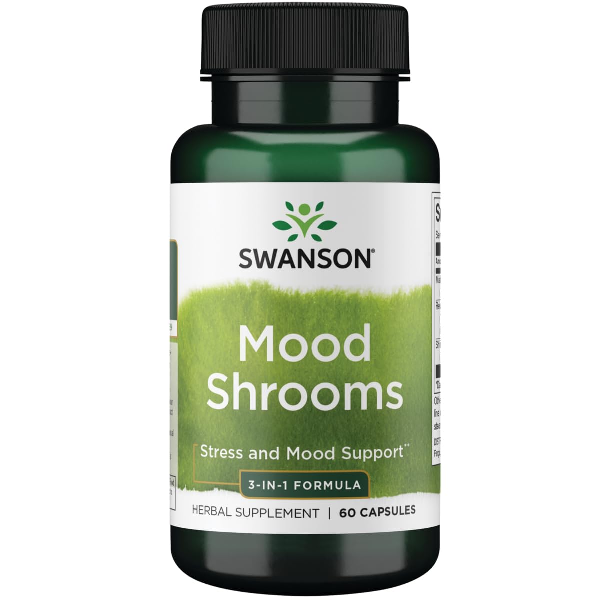 Swanson Shrooms 3-in-1 bottle showcases packaging for mood, immunity, and energy support