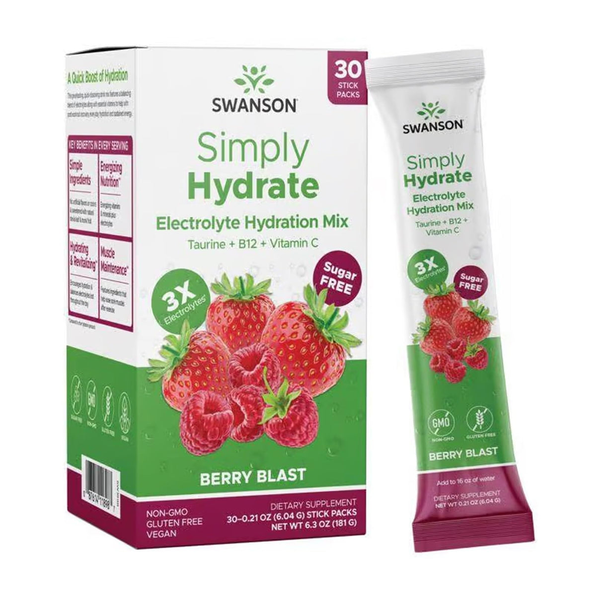 Swanson Simply Hydrate Berry Blast packet for on-the-go hydration and quick flavor