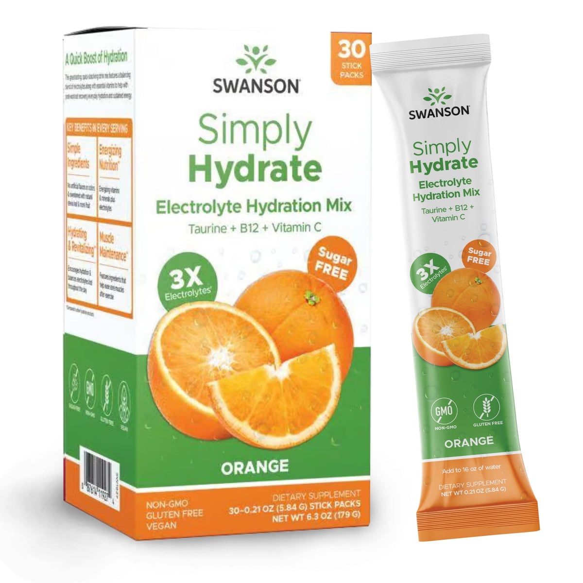 Swanson Simply Hydrate orange packets deliver convenient on-the-go hydration with a sugar-free electrolyte blend.