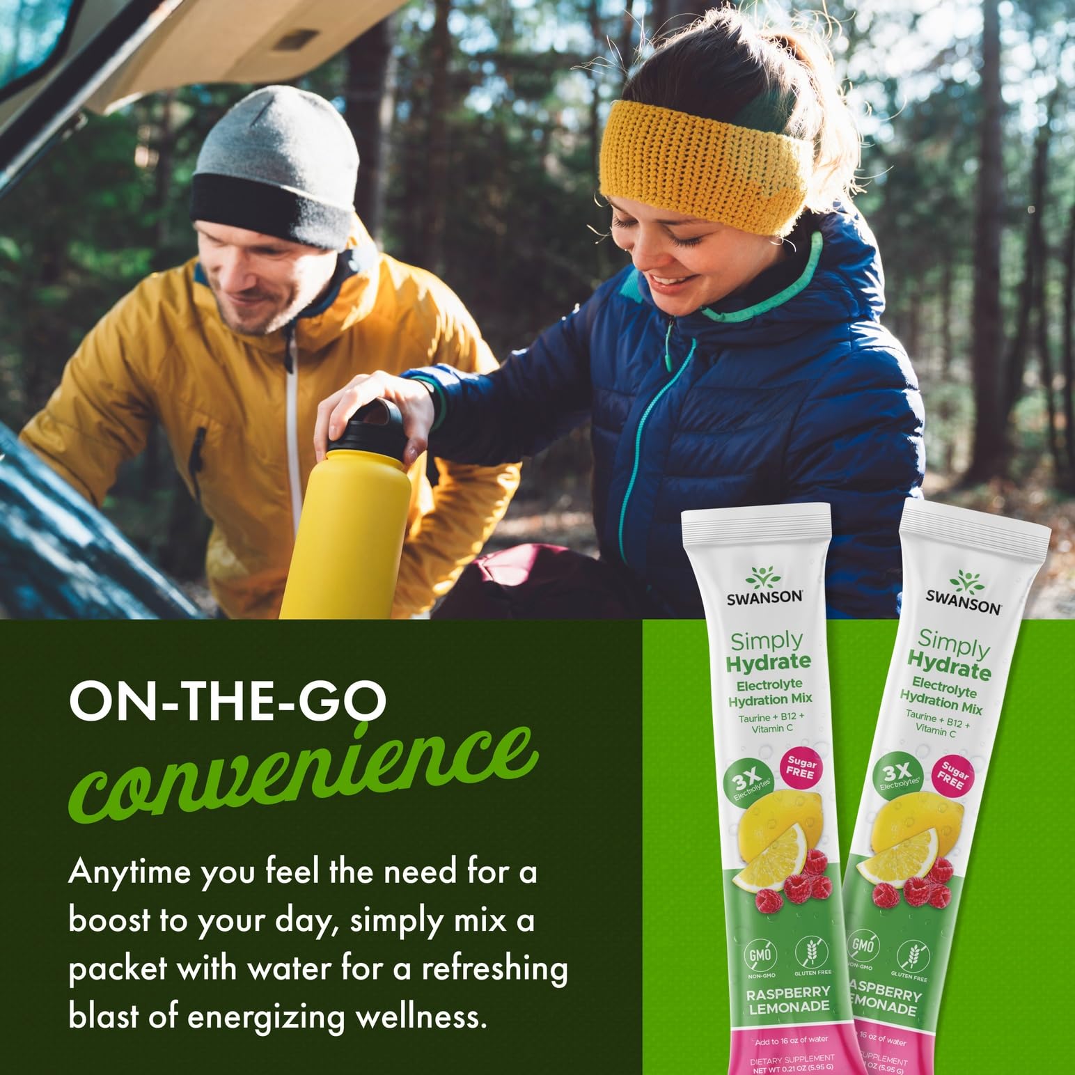 Swanson Simply Hydrate Raspberry Lemonade on-the-go pack ideal for travel or workouts.