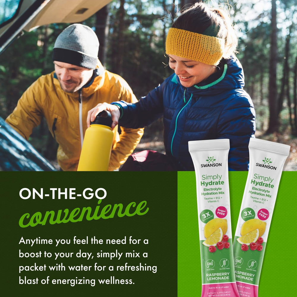 Swanson Simply Hydrate Raspberry Lemonade on-the-go pack ideal for travel or workouts.